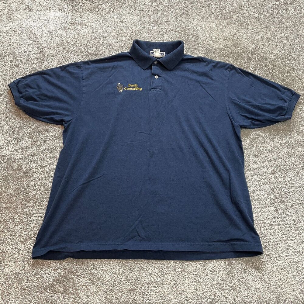 Jerzees Polo Shirt Mens XL Blue collared Davis Consulting Logo Golf Rugby Adult
